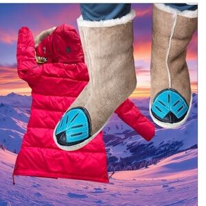 Womens suede moccasin boots with turquoise leather detail at the toe, Size 8.5.